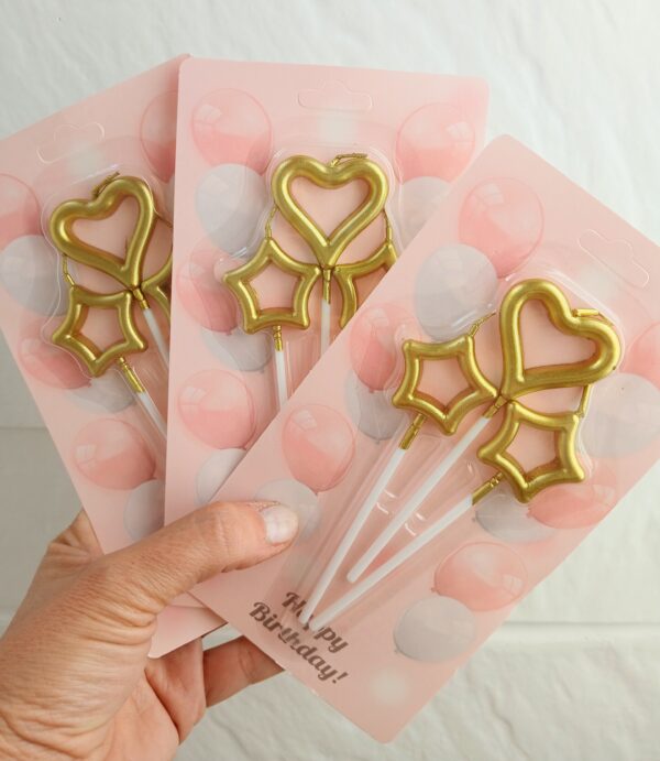 Vela Corazón Estrella Metalizada con Palito 15cm - Oro